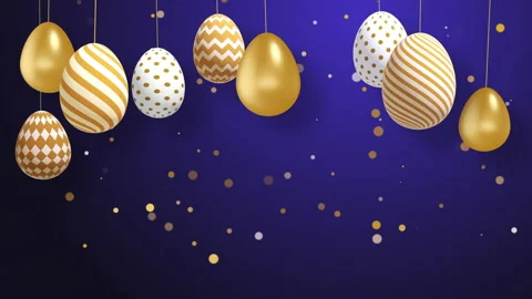 Golden Easter eggs with patterns hang on strings. Shiny gold particles Stock Footage 235451541