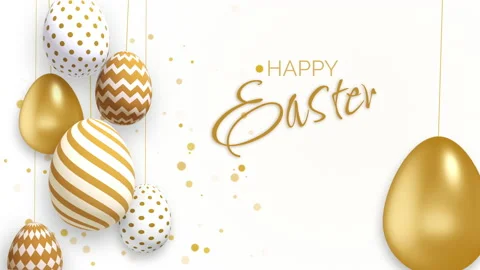Golden Easter eggs with patterns hang on strings. Shiny gold particles Stock Footage 235983894