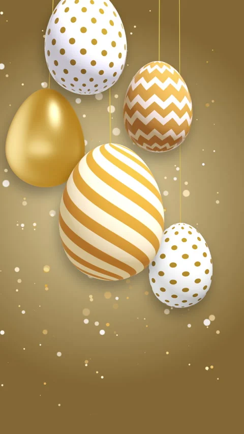 Golden Easter eggs with patterns hang on strings. Shiny gold particles on yellow Stock Footage 268831471