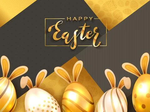 Golden Easter Eggs with Rabbit Ears on Black Background Stock Illustration