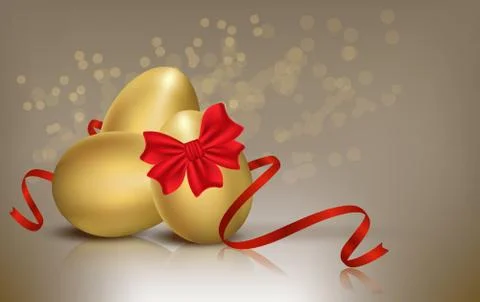 Golden Easter eggs with red bow isolated on background Stock Illustration