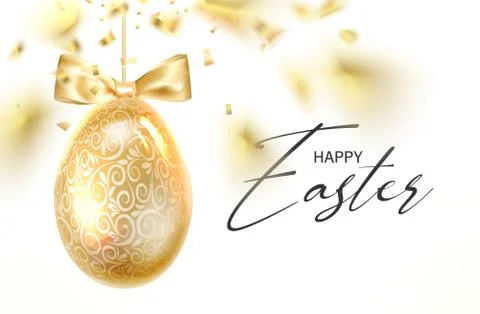 Golden Easter eggs with ribbon bow and black calligraphic text over gold Stock Illustration
