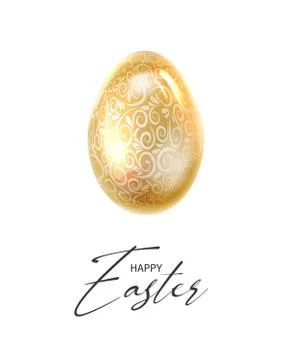 Golden Easter eggs with ribbon bow and black calligraphic text over white Illustrazione stock