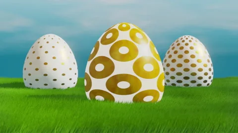 Golden Easter eggs rotate in a cloudy blue sky and on a green grass backdrop Stock Footage 170832449