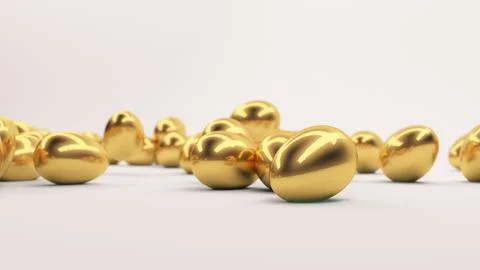Golden Easter eggs scattered across smooth white surface Stock Illustration