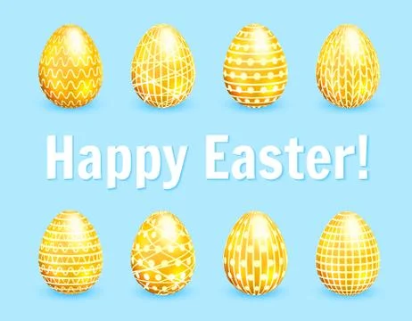 Golden easter eggs set on blue background. Vector illustration Illustrazione stock