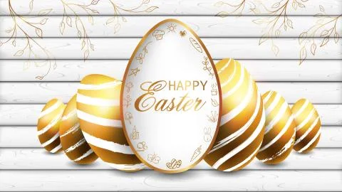 Golden Easter eggs on the white plank Stock Illustration
