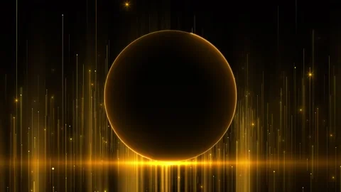 Golden eclipse data lines background black circular center, glowing horizon Stock Footage 340474849