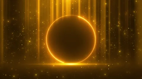Golden eclipse orb particle background glowing circular rim, light rays Stock Footage 334062530