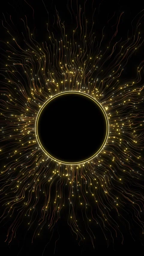 Golden eclipse particle ring radiant fiber lines, glowing dots, and black circul Stock Footage 340555584