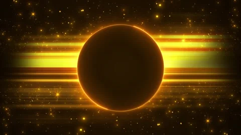 Golden eclipse sphere glows against horizontal light streaks and sparkling parti Stock Footage 341005012