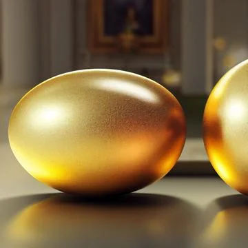 Golden egg close-up on the table against the background of the castle. Stock Illustration
