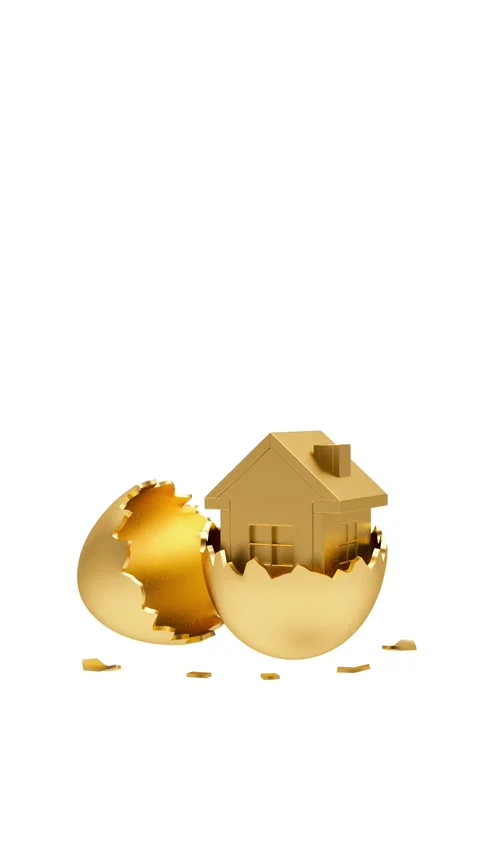 Golden egg cracks open to reveal a small house, 3D rendering. Stock Footage 335864833
