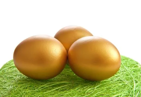 The golden egg  on the grass. isolate on white. Stock Photos