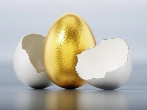 Golden egg inside regular white egg shell. 3D illustration Golden egg insi... Stock Photos