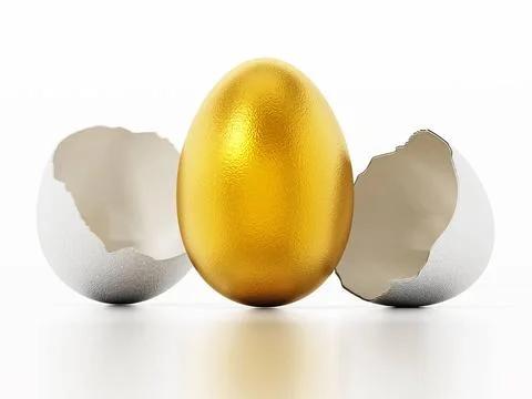 Golden egg inside regular white egg shell. 3D illustration Golden egg insi... Stock Photos
