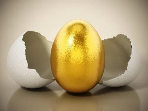 Golden egg inside regular white egg shell. 3D illustration Golden egg insi... Stock Photos