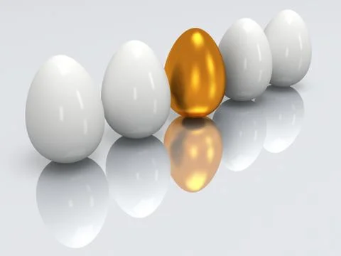 Golden egg in a row of the white eggs. 3D. Stock Illustration