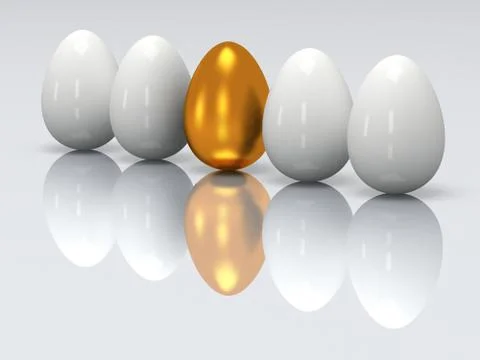 Golden egg in a row of the white eggs. 3D. Illustrazione stock