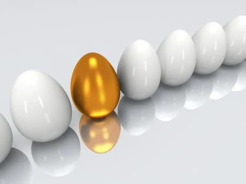 Golden egg in a row of the white eggs. 3D. Illustrazione stock