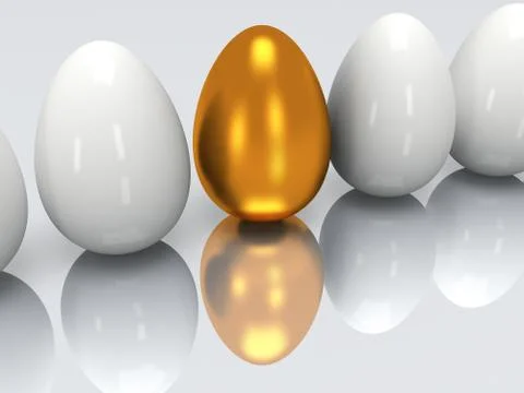 Golden egg in a row of the white eggs. 3D. Illustrazione stock