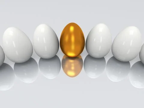 Golden egg in a row of the white eggs. 3D. Illustrazione stock