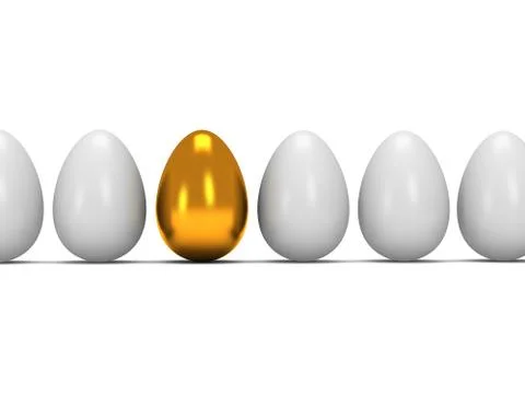 Golden egg in a row of the white eggs. 3D. Illustrazione stock