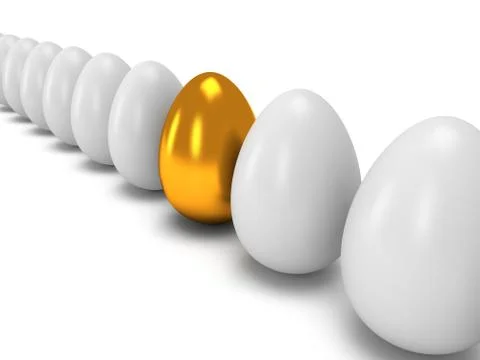 Golden egg in a row of the white eggs. 3D. Stock Illustration