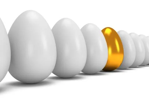 Golden egg in a row of the white eggs. 3D. Illustrazione stock