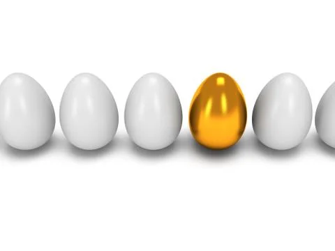 Golden egg in a row of the white eggs. 3D. Illustrazione stock