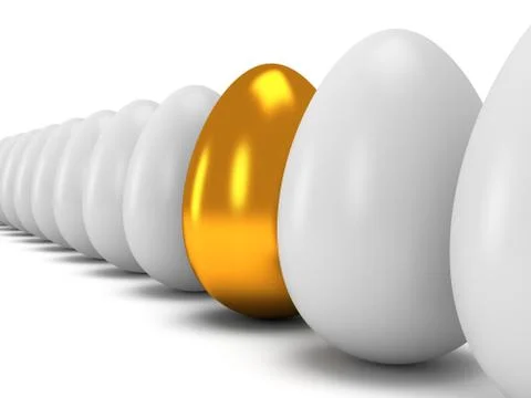 Golden egg in a row of the white eggs. 3D. Illustrazione stock