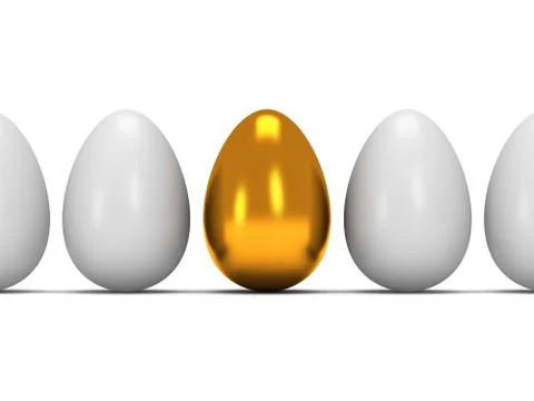 Golden egg in a row of the white eggs. 3D. Illustrazione stock