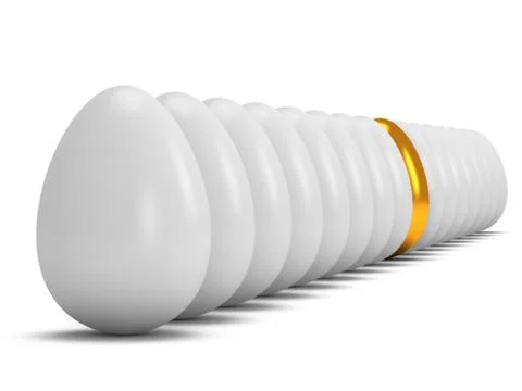 Golden egg in a row of the white eggs. 3D. Illustrazione stock