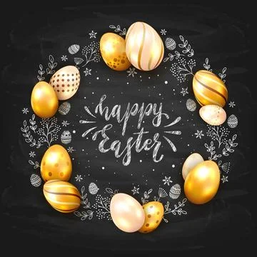Golden Eggs and Happy Easter on Black Chalkboard Background Stock Illustration