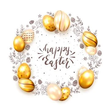 Golden Eggs and Happy Easter on White Background Illustrazione stock