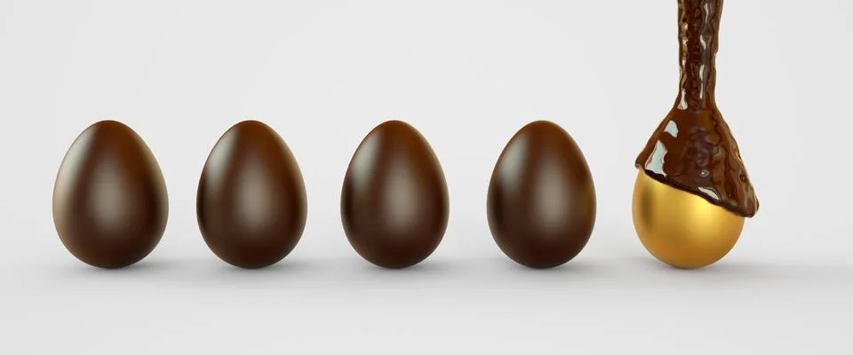 Golden eggs in chocolate. Easter eggs. 3D rendering illustration. Stock Illustration