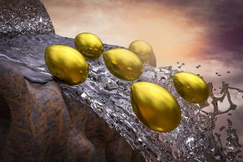 Golden eggs fall from a waterfall at sunset magenta day demonstrating retirem Illustrazione stock