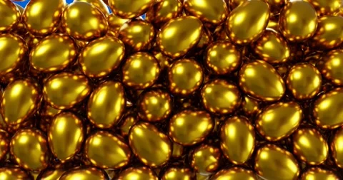 Golden eggs falling on a blue screen. 3d transition. Easter and business concept Stock Footage 266918330