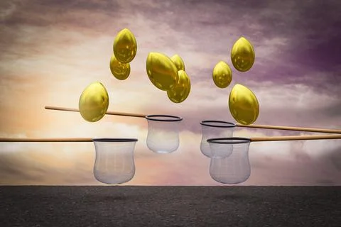 Golden eggs falling from sky and the nets try to catch them at sunset magenta Stock-Illustration