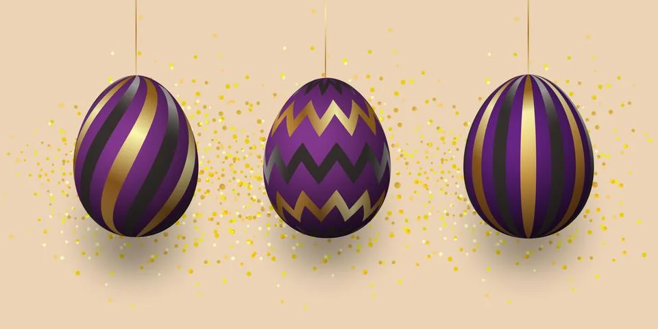 Golden eggs with geometric pattern, abstract black-violet ornament. Stock Illustration