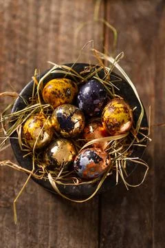 Golden eggs in nest. Easter eggs. easter decoration Stock Photos