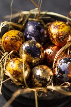 Golden eggs in nest. Easter eggs. easter decoration Stock Photos