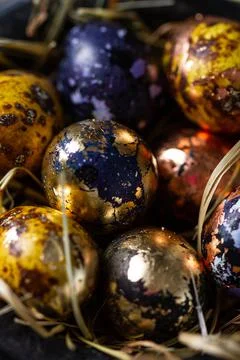 Golden eggs in nest. Easter eggs. easter decoration Stock Photos
