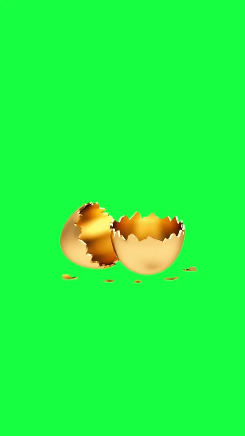 Golden eggshell halves on green screen, 3D animation. Видео 335864913