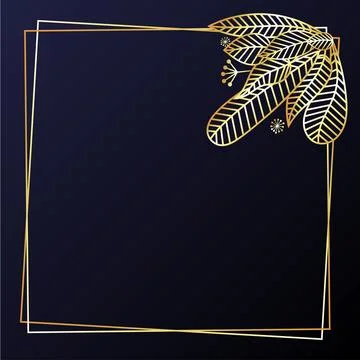 Golden elegant frame with leaf silhouettes on black background design Stock Illustration