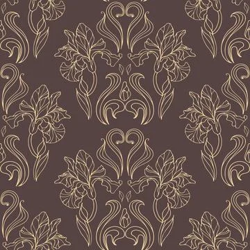Golden elegant iris flowers. Vector illustration of art nouveau, modern Stock Illustration