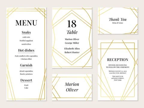 Golden elegant wedding menu with frame and text. Invitation elegant template Illustrazione stock