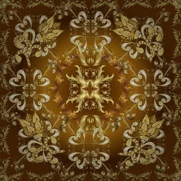 Golden elements on beige, brown and yellow colors. Wallpaper baroque, damask. Se Stock Illustration