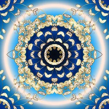 Golden elements in oriental style arabesques. Seamless pattern on white, blue an Illustrazione stock