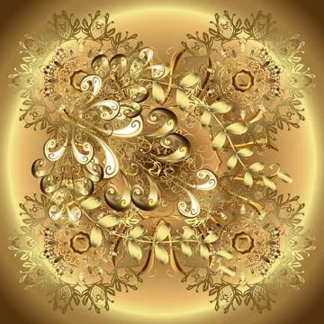 Golden elements in oriental style arabesques. Seamless pattern on beige and brow Stock Illustration